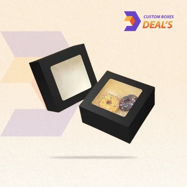 Matte black bakery box with transparent window for showcasing baked goods