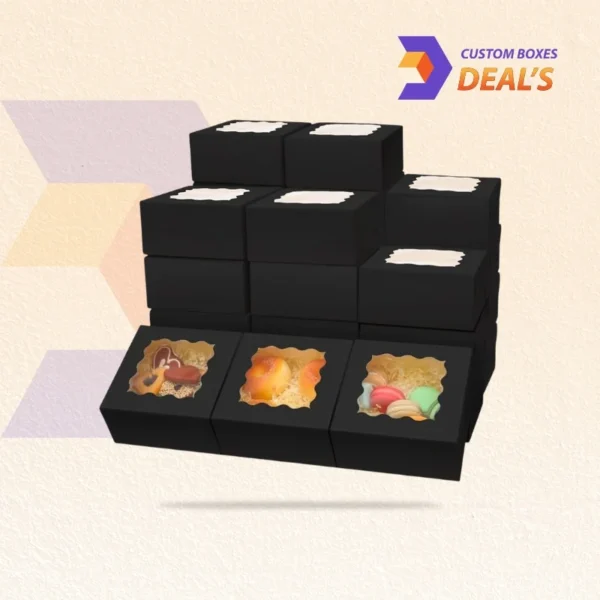 Stylish black bakery packaging with window cutout for product visibility