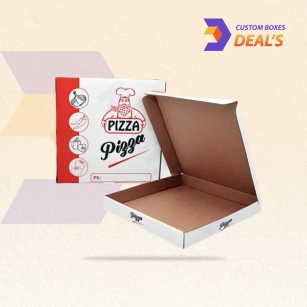 Open white pizza box showing fresh pizza inside for marketing