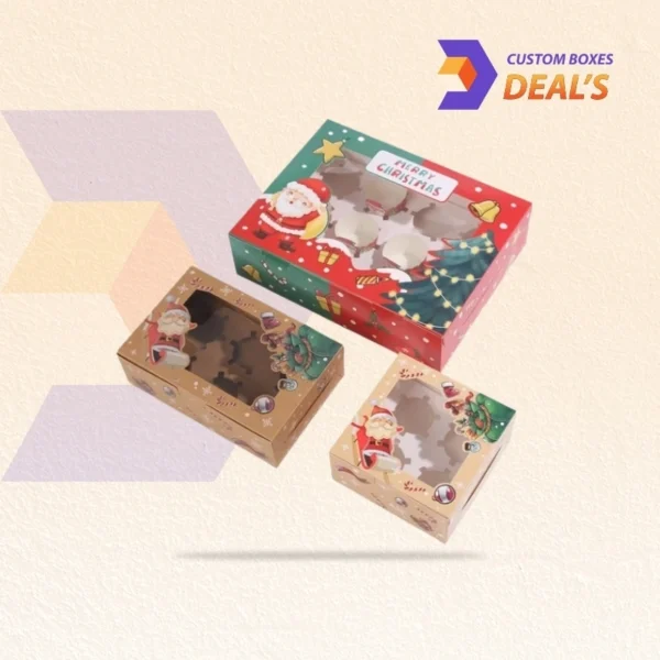 Festive Christmas bakery boxes with holiday-themed prints