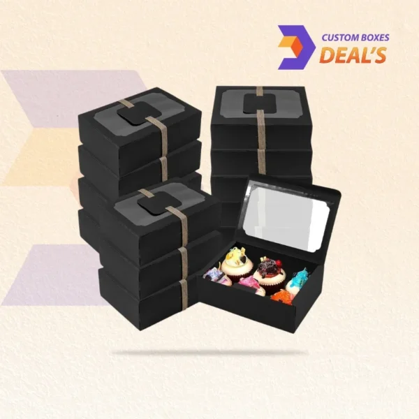 Custom black bakery box with window for cakes, pastries, and desserts